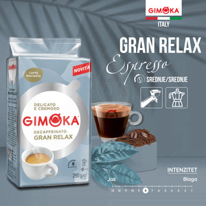 Gimoka Gran Relax Decaffeinato PRŽENA MLEVENA KAFA ZA ESPRESSO I ZA MOKA APARAT  250 grama