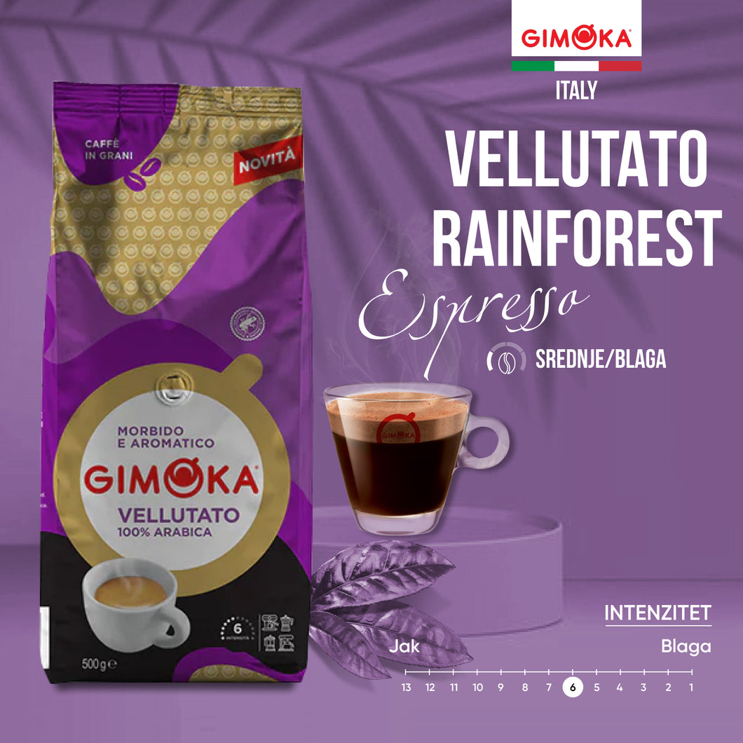 GIMOKA VELLUTATO RAINFOREST 100 % ARABICA ПРЖЕНА КАФА У ЗРНУ 500G